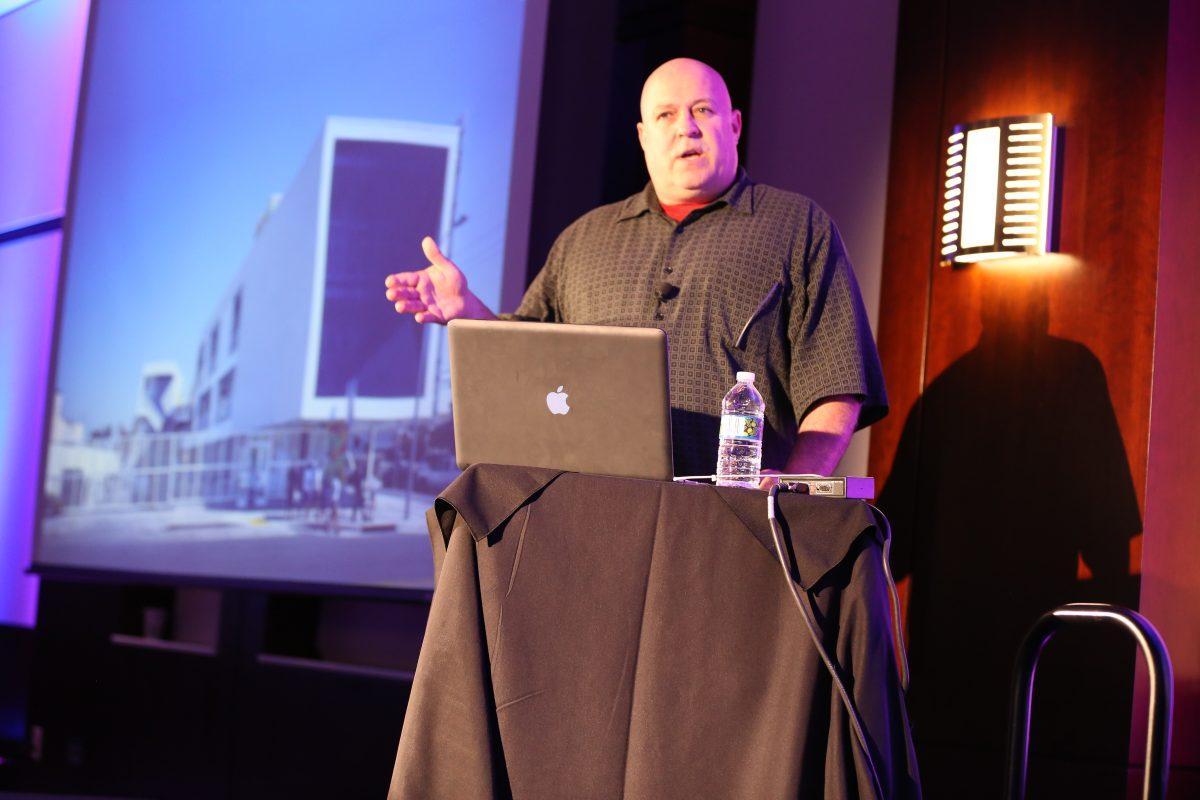 Lawrence Scarpa, a professor of architecture at the University of Southern California, describes the architecture in his energy-efficient home during his talk at the TEDxUTK Conference in the Toyota Auditorium on Saturday, Feb. 22.