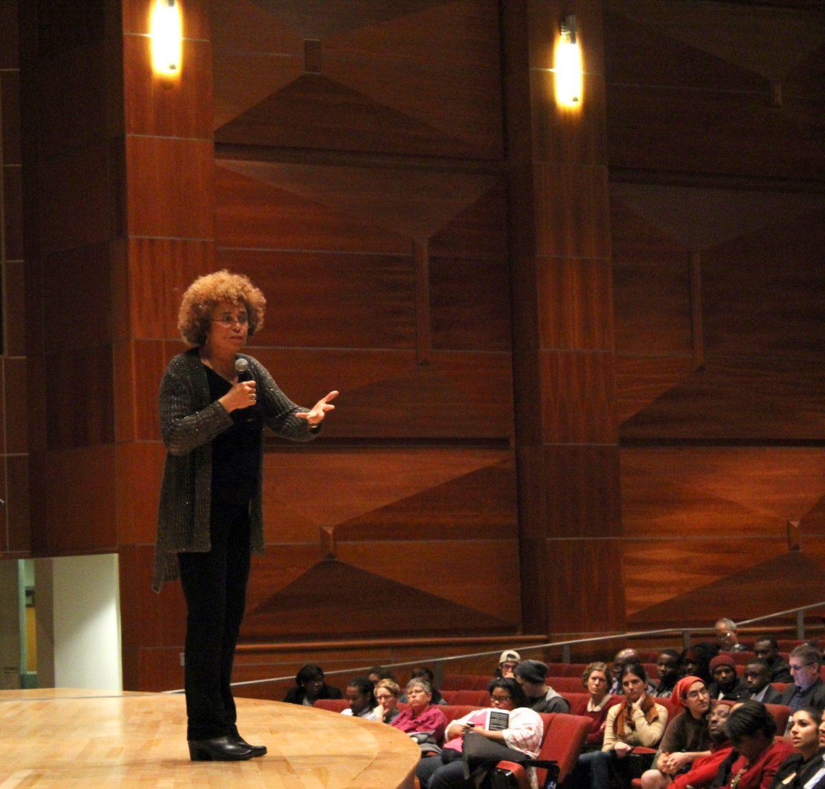 Political activist and author Angela Davis speaks to a crowd of more than 600 attendees at Cox Auditorium on Tuesday.