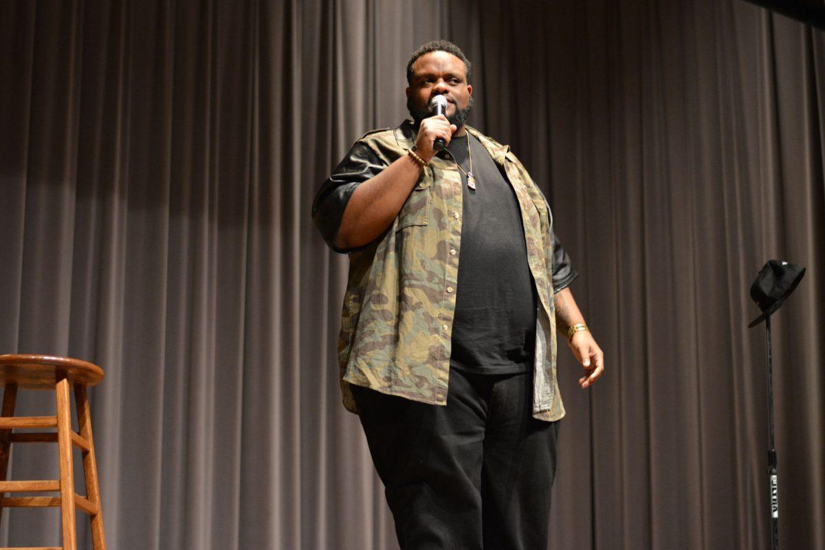 Comedian Ronnie Jordan performs in the UC Auditorium on Friday. Jordan returned to campus from a three-year hiatus for his "Big Man on Campus" cross-country tour.