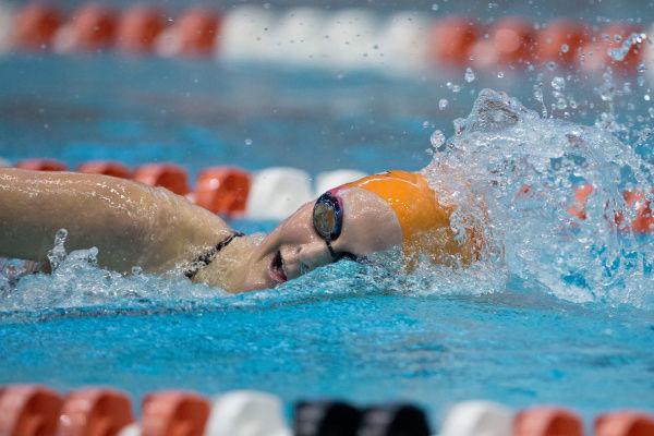 Senior swimmer Lindsay Gendron powers through a heat in Saturday's match against the Florida Gators at the Allan Jones Aquatic Center in Knoxville.