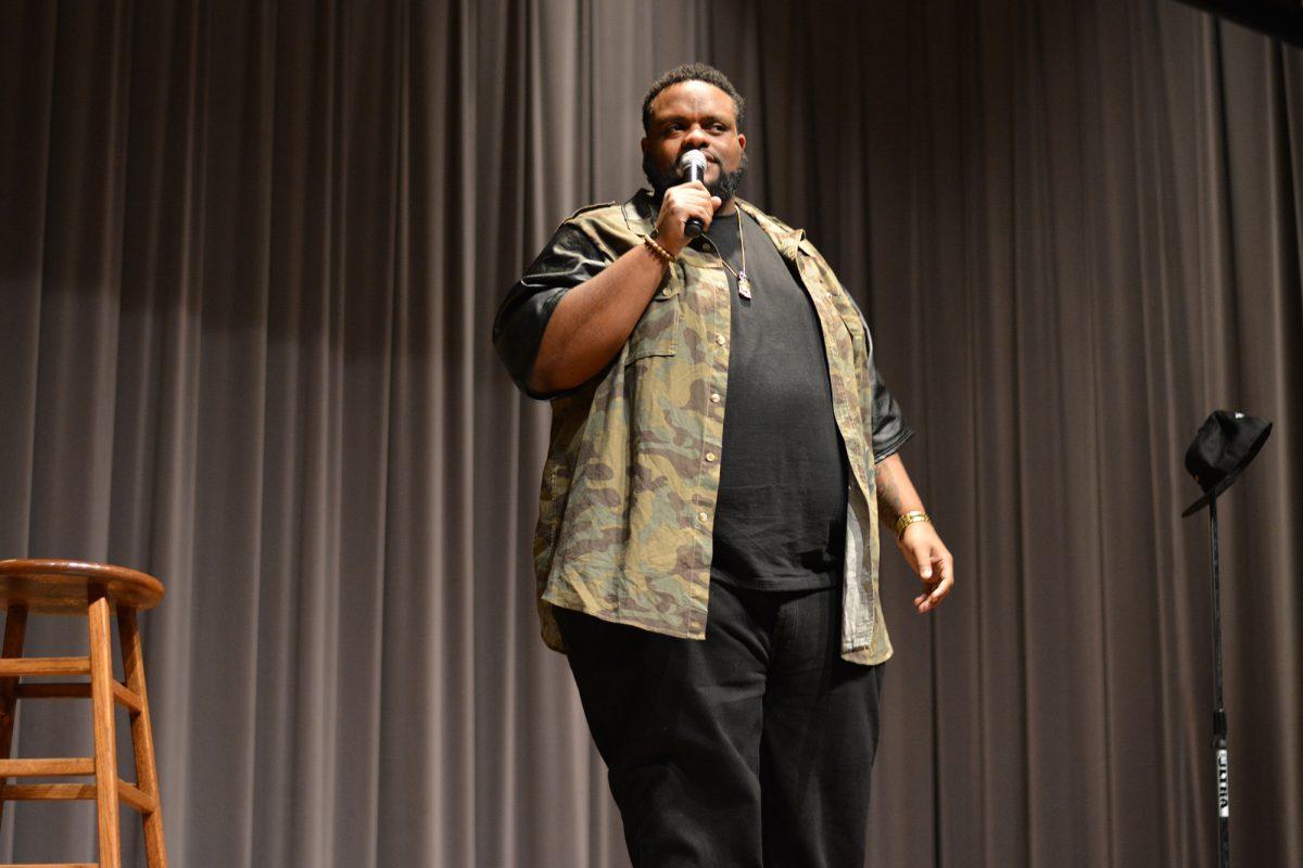 Comedian Ronnie Jordan performs in the UC Auditorium on Friday. Jordan returned to campus from a three-year hiatus for his "Big Man on Campus" cross-country tour.