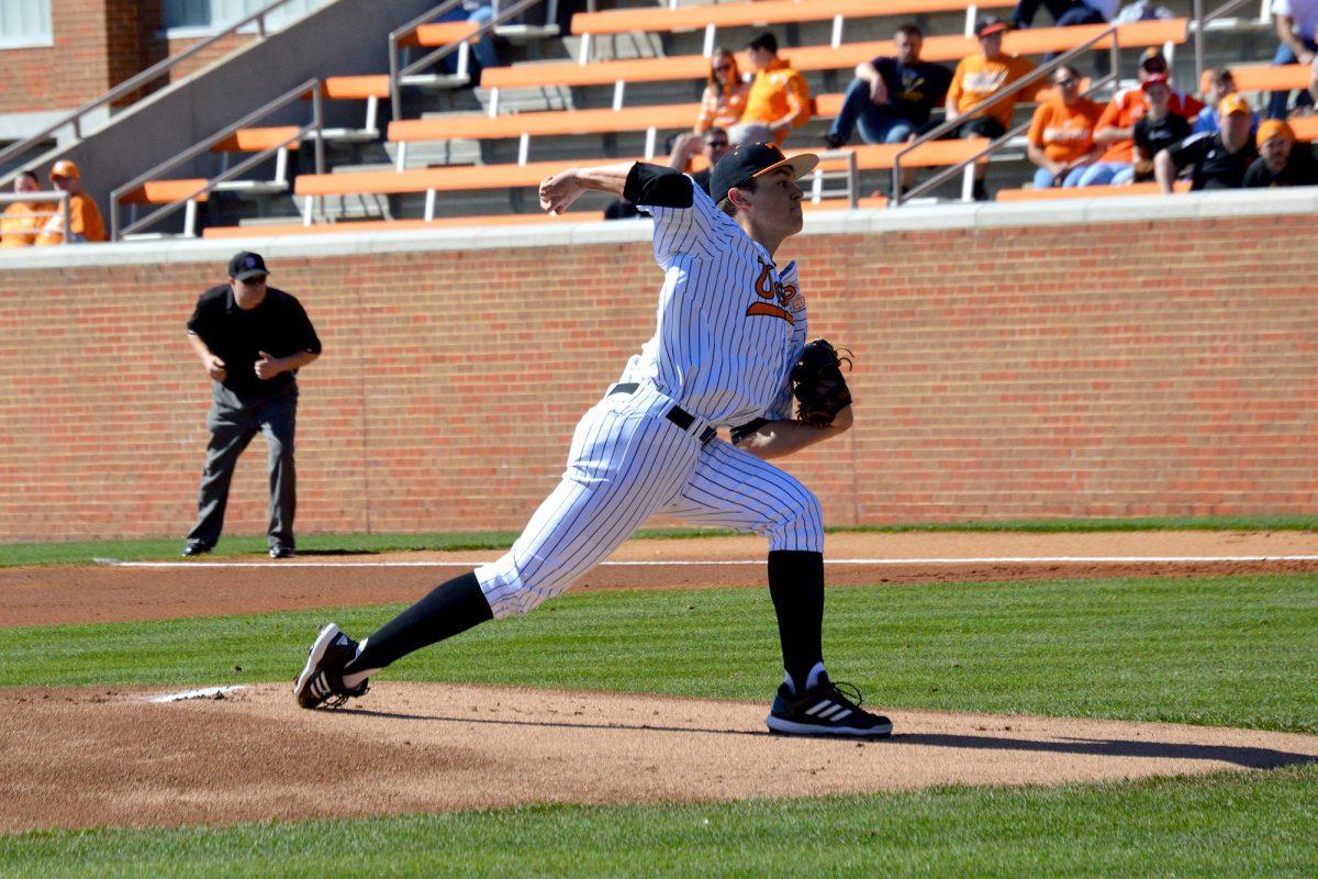 Freshman Kyle Serrano delivers a pitch against UNLV at Lindsey Nelson Stadium on Feb. 22.