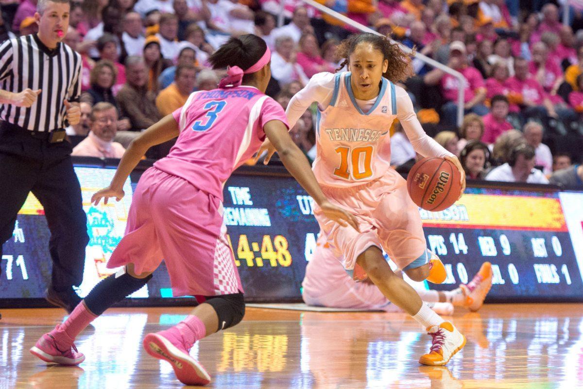 Senior guard Meighan Simmons crosses over Kentucky's Janee Thompson in the Lady Vols' 75-71 loss against the Wildcats at Thompson-Boling Arena on Feb. 16.