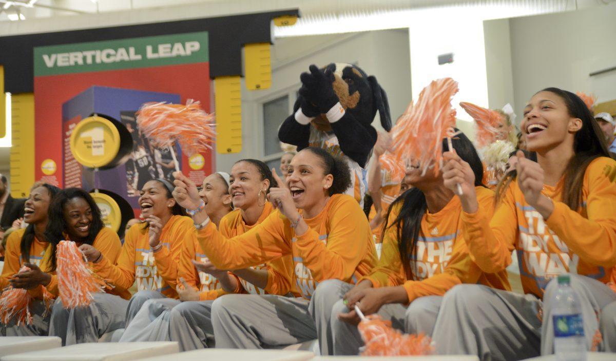 The Lady Vols celebrate after receiving the No. 1 seed in the Louisville region of the NCAA Tournament. Tennessee will play the Northwestern State Lady Demons on Saturday at 4 p.m.