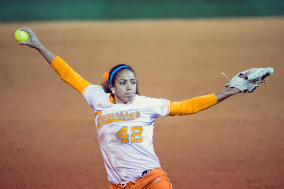 Sophomore pitcher Rainey Gaffin unwinds a pitch towards home plate in the Lady Vols' 8-0 victory against the Wright State Raiders in Sheri Parker Lee Stadium on Wednesday night. Gaffin's no-hitter was the 45th in Tennessee history.