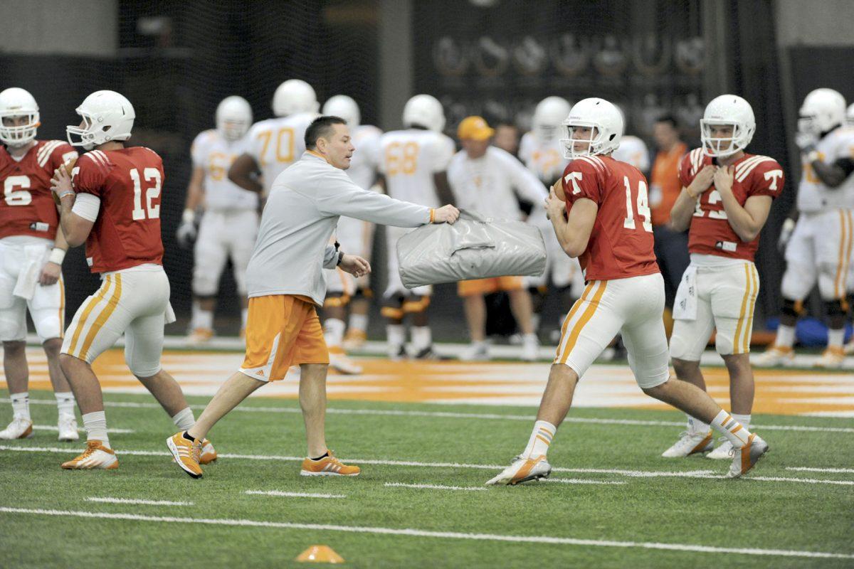 Justin Worley runs drills during spring practice on March 19, 2013 in the Anderson Training Center.