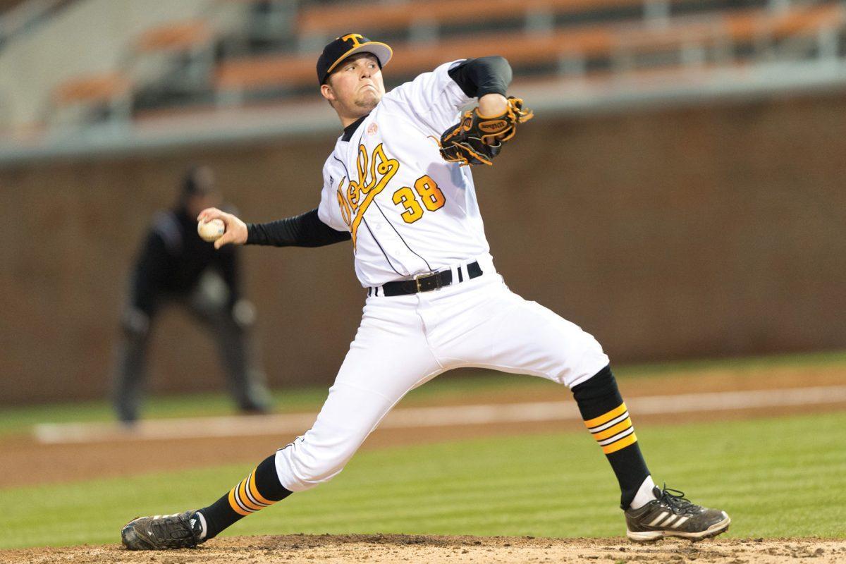 Freshman Hunter Martin delivers a pitch during the Vols' 14-0 win over the La Salle Explorers on March 4 at Lindsey Nelson Stadium.
