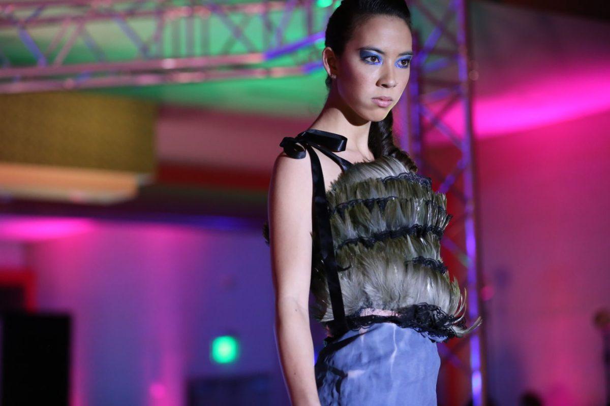A model wears Shattered Stitch Cosplay, designs created by Chattanooga resident Alexis Montclaire.