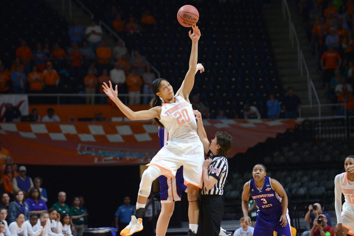 Junior Isabelle Harrison wins the tip off during UT's 70-46 NCAA tournament first round win over the Lady Demons at Thompson-Boling Arena on Saturday.