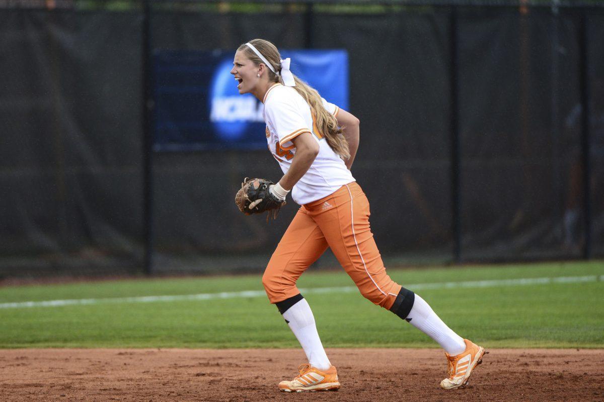 Senior shortsthop Madison Shipman calls to her teammates in the second round matchup of the NCAA Regionals against the NC State Wolfpack at Lindsey Nelson Stadium on May 17, 2013.