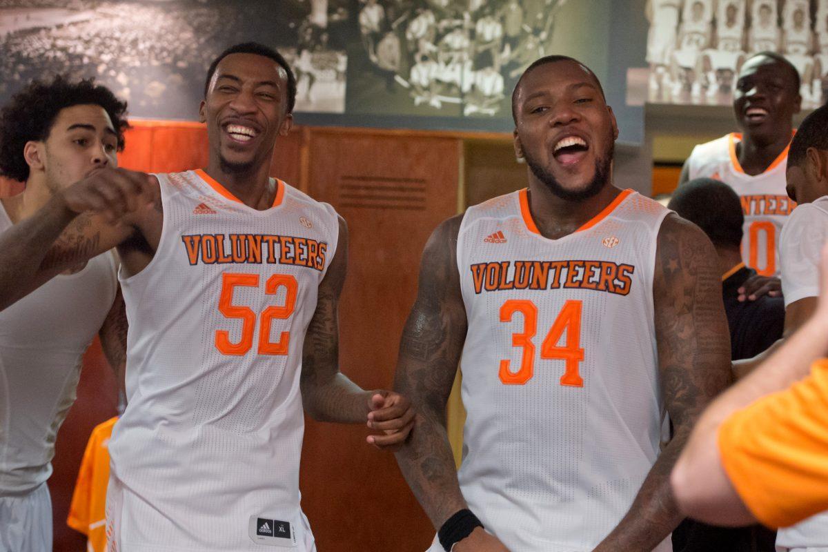 Seniors Jordan McRae, left, and Jeronne Maymon celebrate UT's 72-45 Senior Day win over Missouri at Thompson-Boling Arena on Saturday.