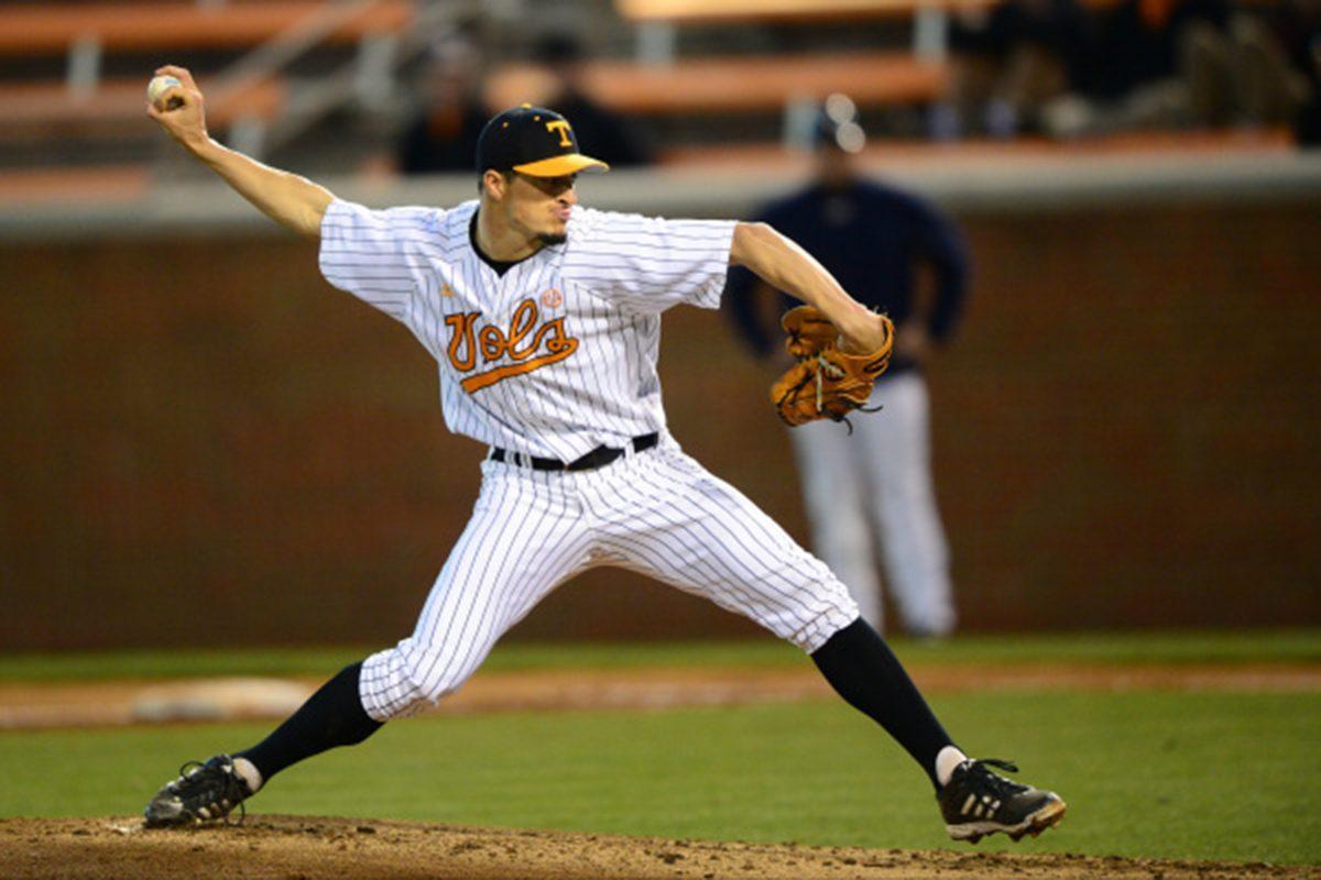 Junior pitcher Bret Marks begins his delivery to the plate in the Vols' 10-2 victory over the La Salle Explorers in Lindsey Nelson Stadium on Wednesday night.