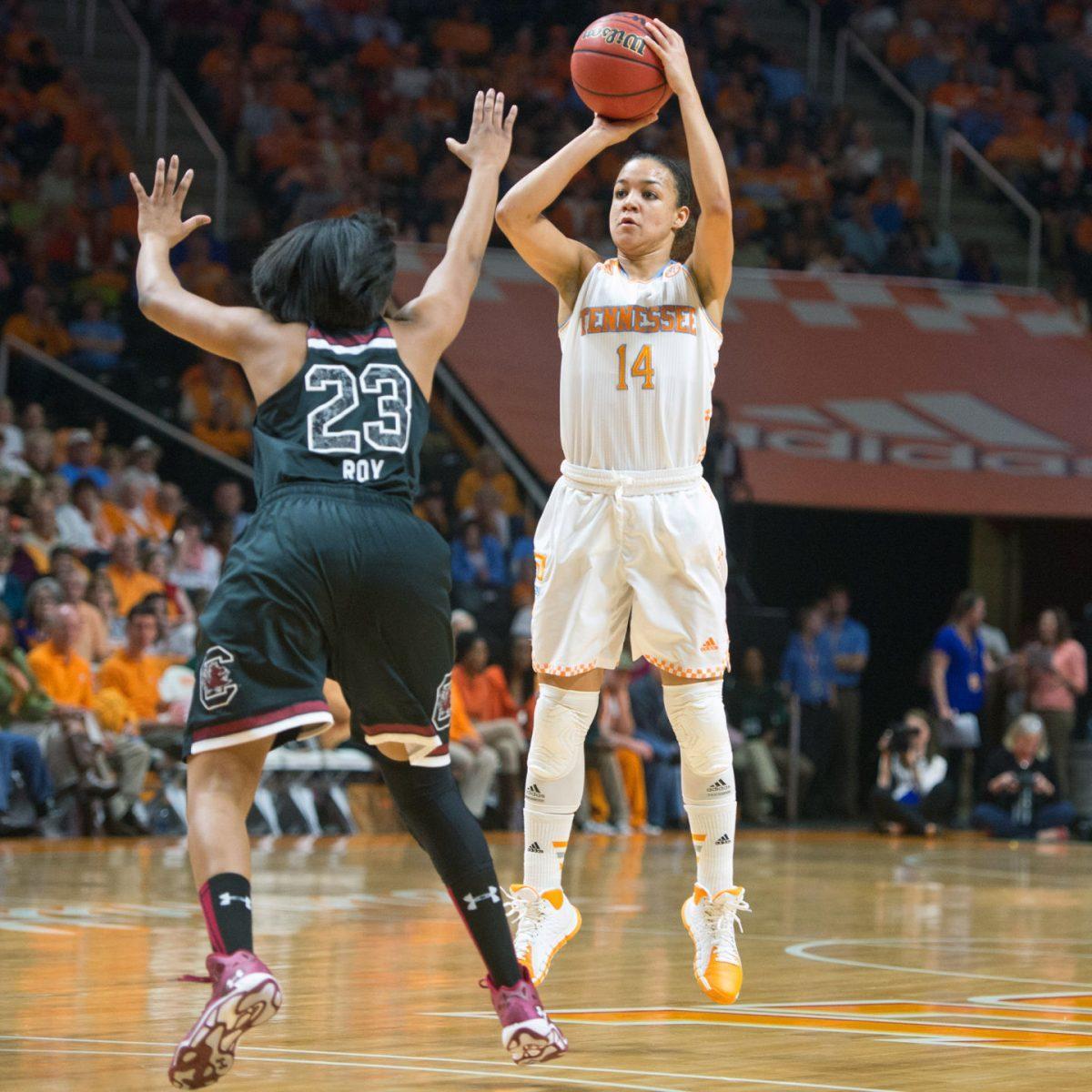 Tennessee guard Andraya Carter shoots over South Carolina's Tina Roy during the Lady Vols' 73-61 win over the No. 4 Gamecocks on Sunday at Thompson-Boling Arena.