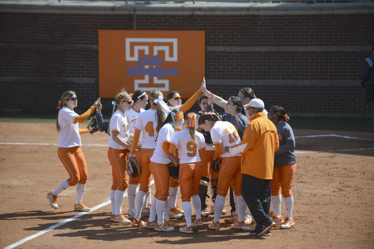 The Lady Vols softball team celebrates its 6-5 win during the series finale against the South Carolina Gamecocks at Sherri Parker Lee Stadium on Sunday. The Lady Vols swept the Gamecocks in the weekend series.
