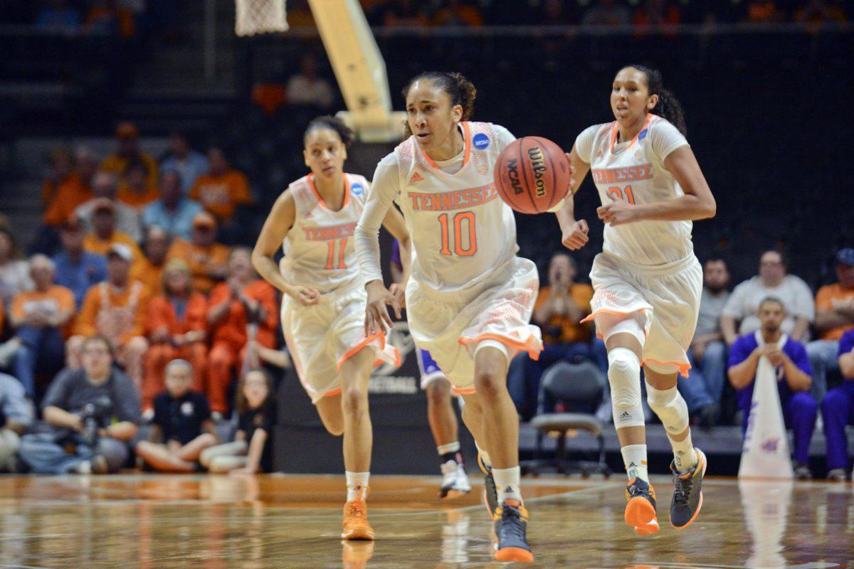 The Lady Vols drives down the court during UT's 70-46 NCAA tournament first round win over the Lady Demons at Thompson-Boling Arena on Saturday.