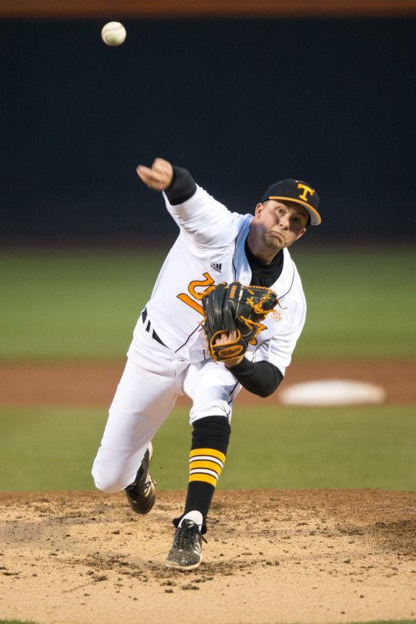 Freshman Hunter Martin delivers a pitch during the Vols' 14-0 win over La Salle on March 4 at Lindsey Nelson Stadium.