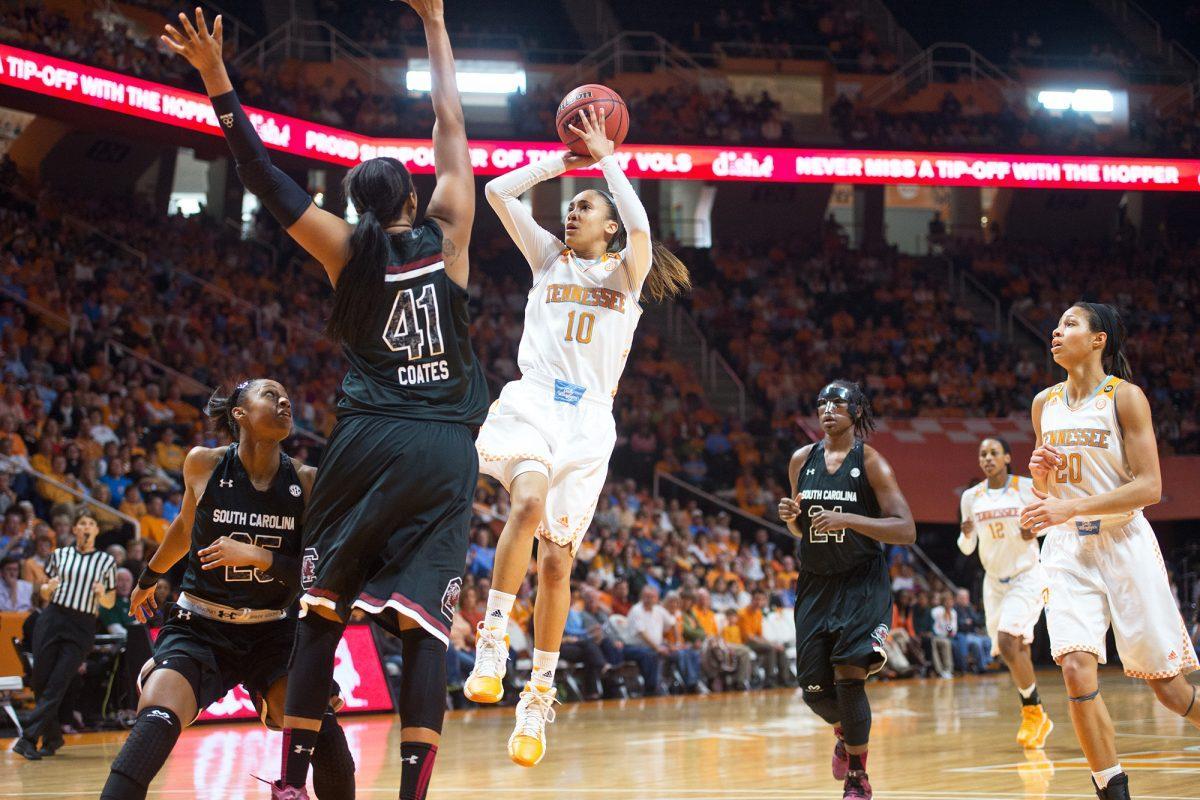 Senior guard Meighan Simmons pulls up for a shot during the Lady Vols' 73-61 win against No. 4 South Carolina at Thompson-Boling Arena on Sunday.