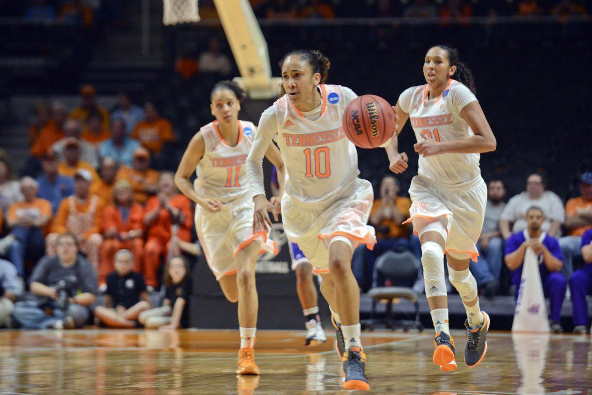 The Lady Vols drives down the court during UT's 70-46 NCAA tournament first round win over the Lady Demons at Thompson-Boling Arena on Saturday.