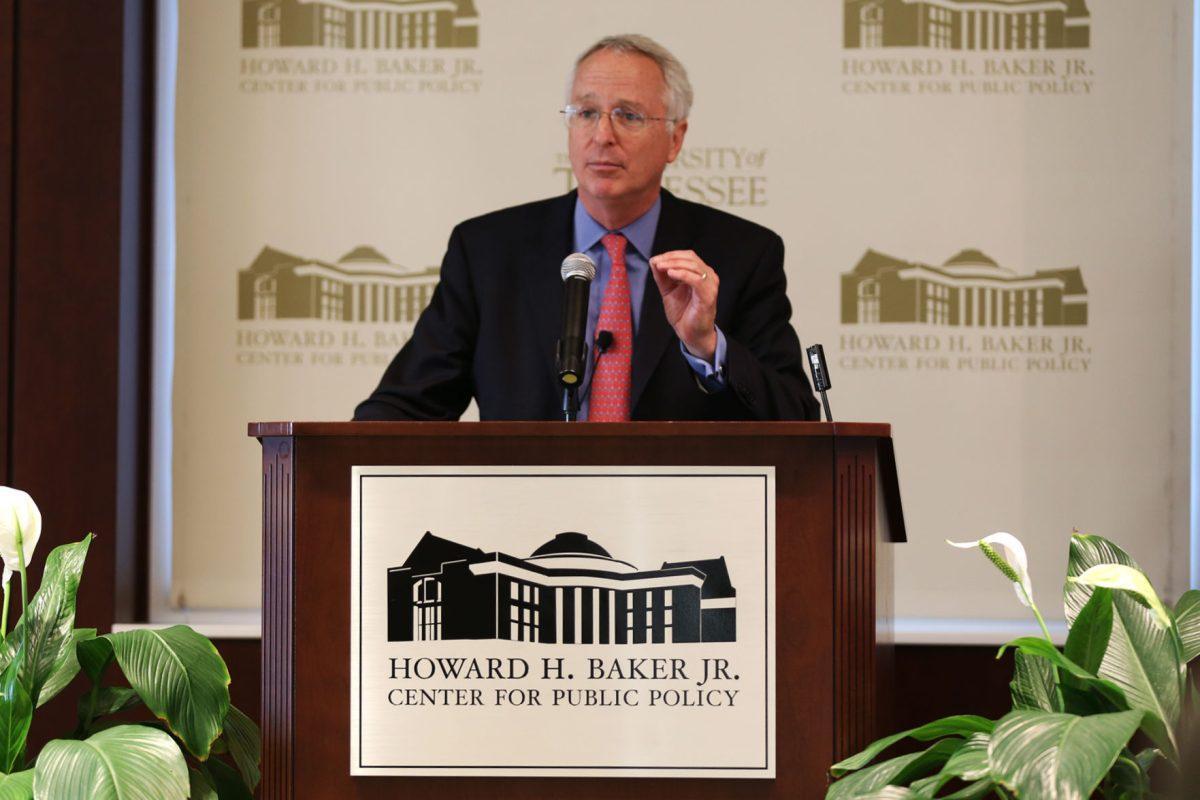 Former Ambassador to Pakistan Cameron Munter delivers the semi-annual Ashe Lecture in Toyota Auditorium in the Baker Center on March 5.