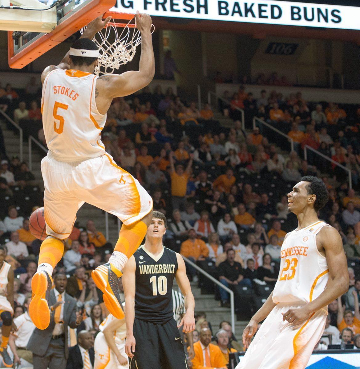 Junior forward Jarnell Stokes throws down a dunk in the Vols' 76-38 victory over Vanderbilt at Thompson-Boling Arena on March 1.