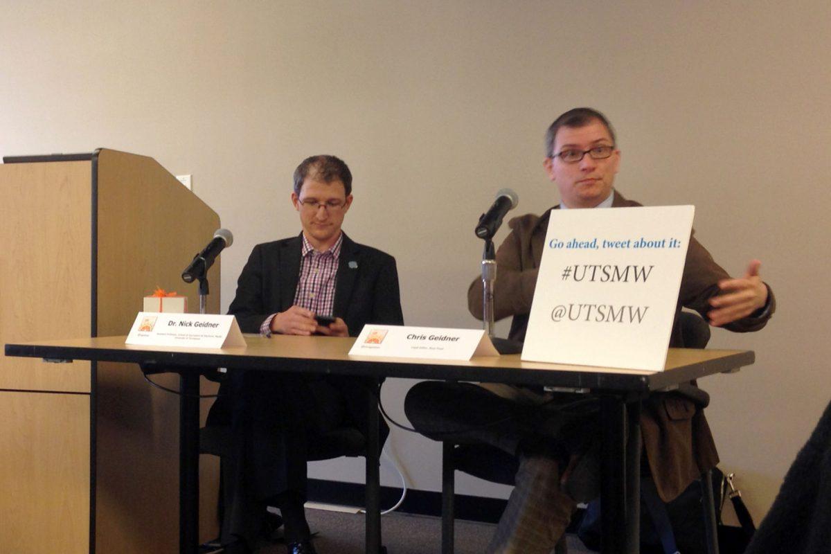 BuzzFeed legal editor Chris Geidner, right, talks about his experience as a journalist and the importance of social media in the Scripps Lab on Monday as part of UT's Social Media Week.