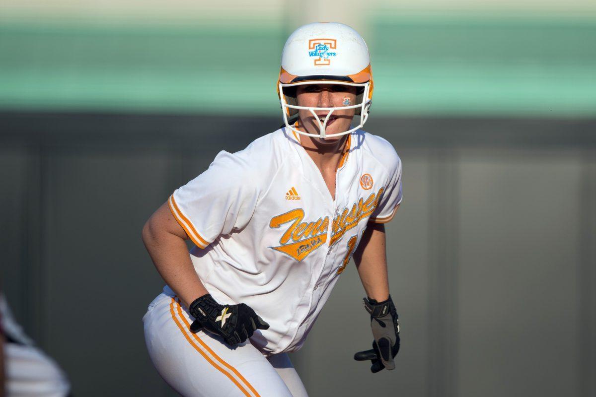 Senior Melissa Davin gets a secondary lead during the Lady Vols 3-0 win over College of Charleston at Sherri Parker Lee Stadium on March 9.