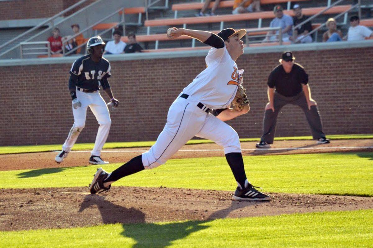 Freshman pitcher Kyle Serrano delivers a pitch in the Vols' 2-1 loss to the ETSU Buccaneers inside Lindsey Nelson Stadium on April 1.