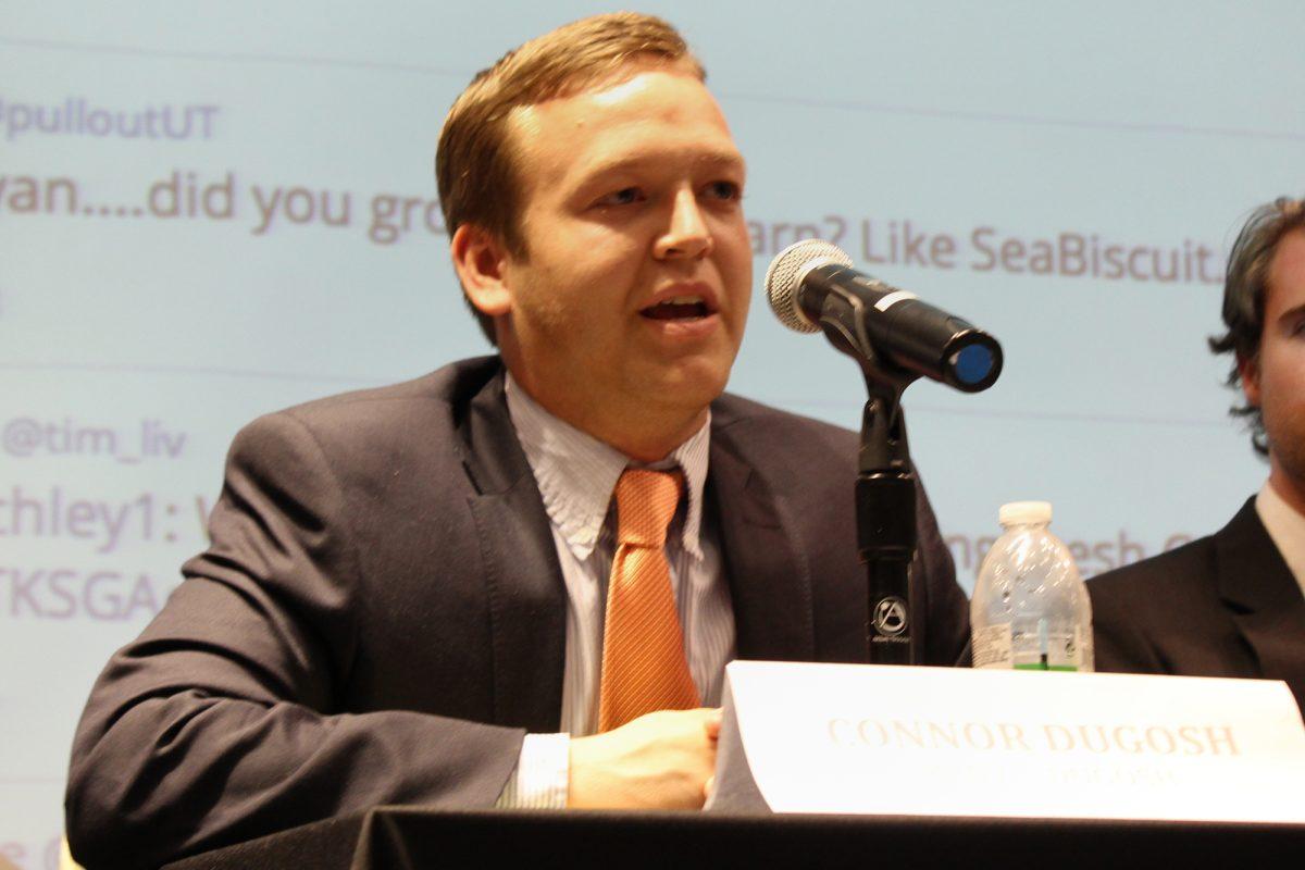 SGA vice president Connor Dugosh of Keny-Dugosh speaks about policy points for the Keny-Dugosh campaign during a debate on April 1.