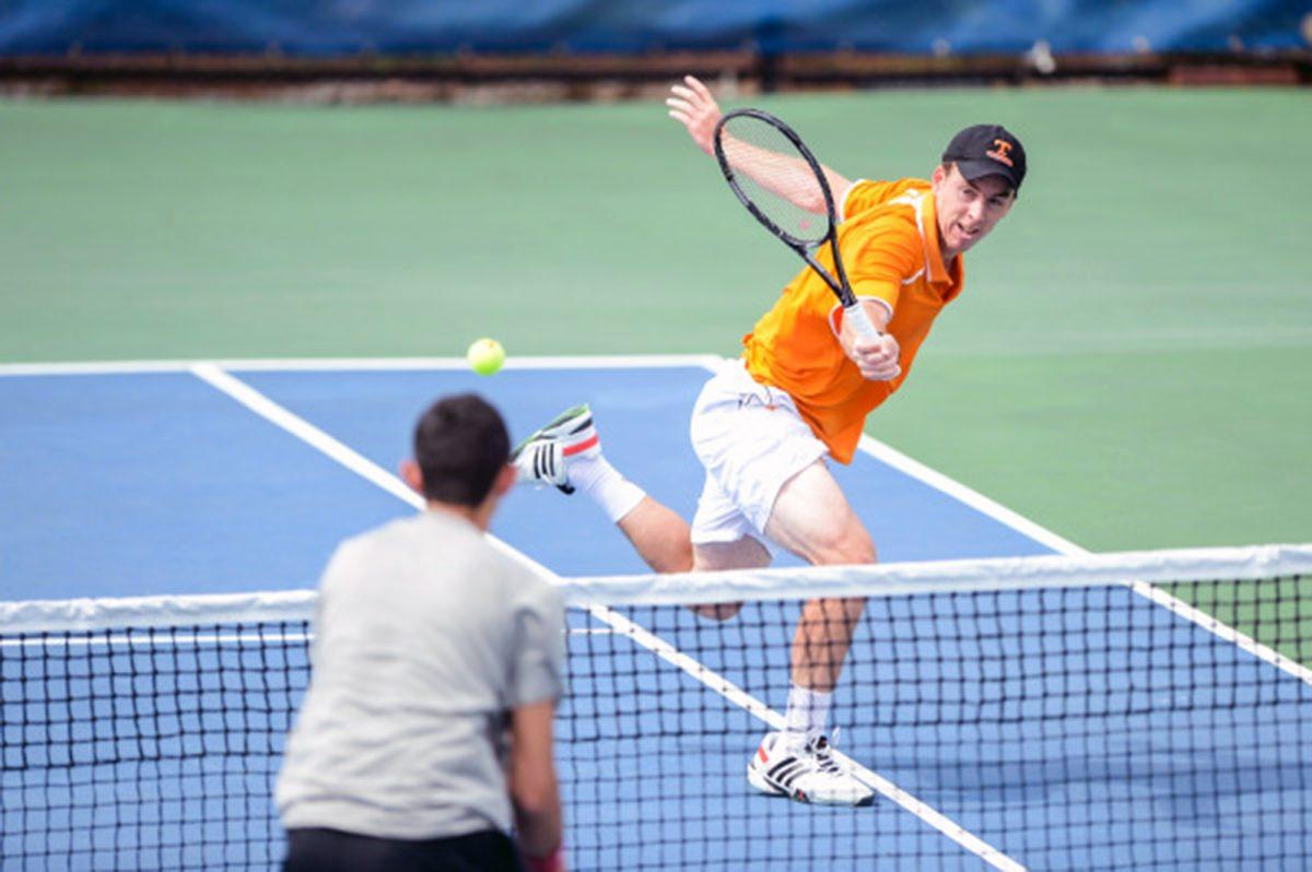 Senior Jarryd Chaplin returns a volley in the Vols' 4-0 victory over the Arkansas Razorbacks at Barksdale Stadium on Sunday.
