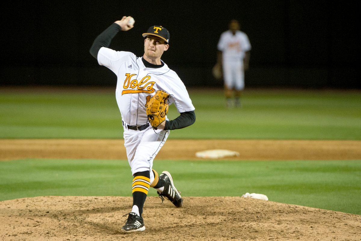 Junior Peter Lenstrohm pitches during game 1 of the series against the Auburn Tigers at Lindsey Nelson Stadium on March 21.