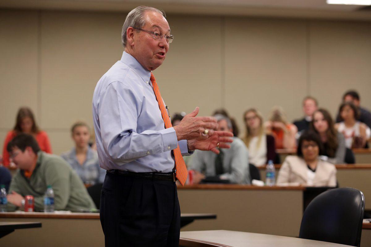 Chancellor Jimmy Cheek speaks to students in the James A. Haslam II Business Building Wednesday evening to present the latest statistics on student graduation and retention and open the floor to students' questions.
