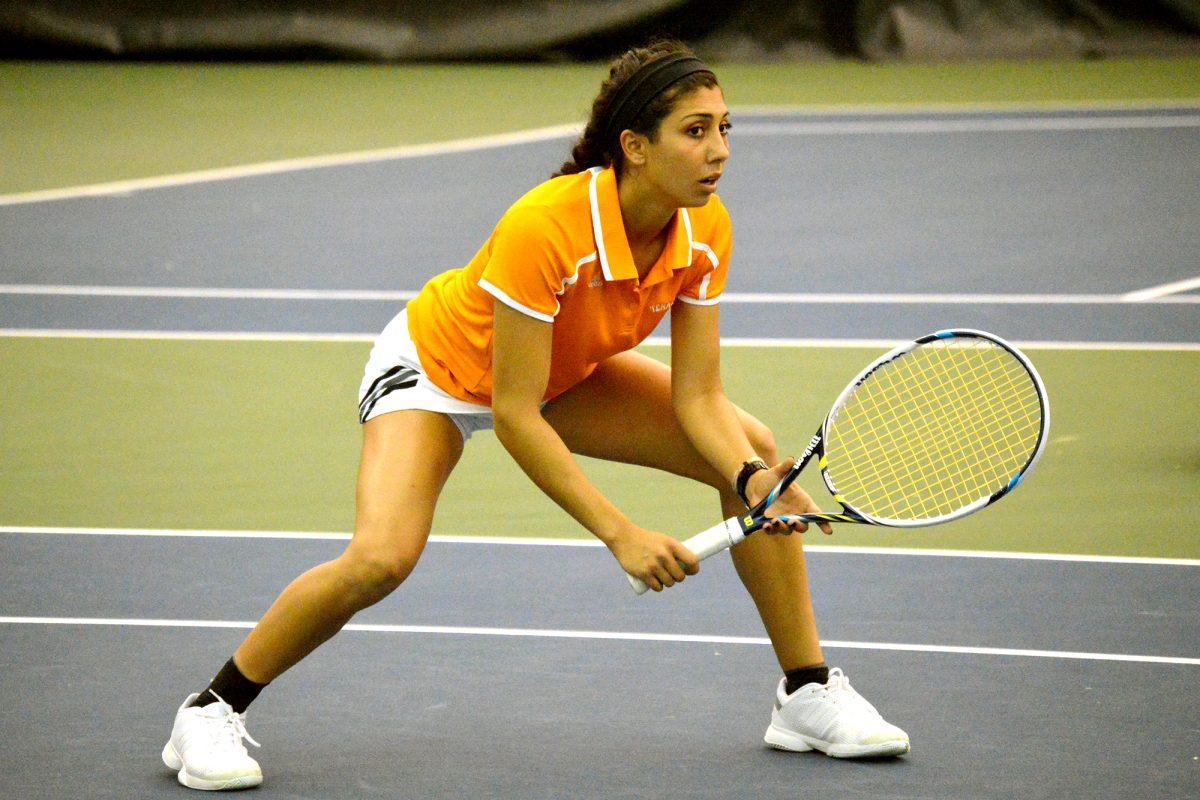 Freshman Victoria Olivarez awaits a serve in the Lady Vols' 4-0 loss against the No. 7 Texas A&amp;M Aggies inside Barksdale Stadium on Sunday.