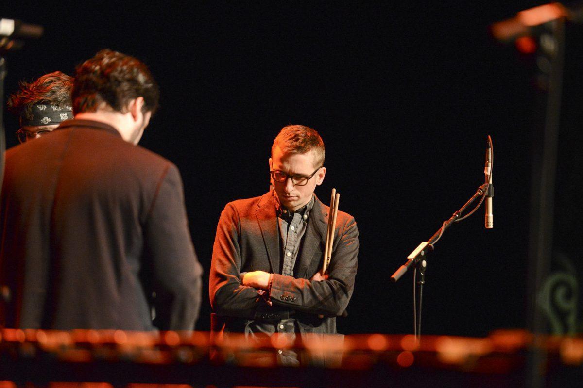 Eric Bradley Beach, right, of So Percussion and Nief-Norf Project performs Steve Reich's "Drumming" on Saturday, one of Reich's earliest and most well-known pieces, which uses solely African-inspired drums and voices.