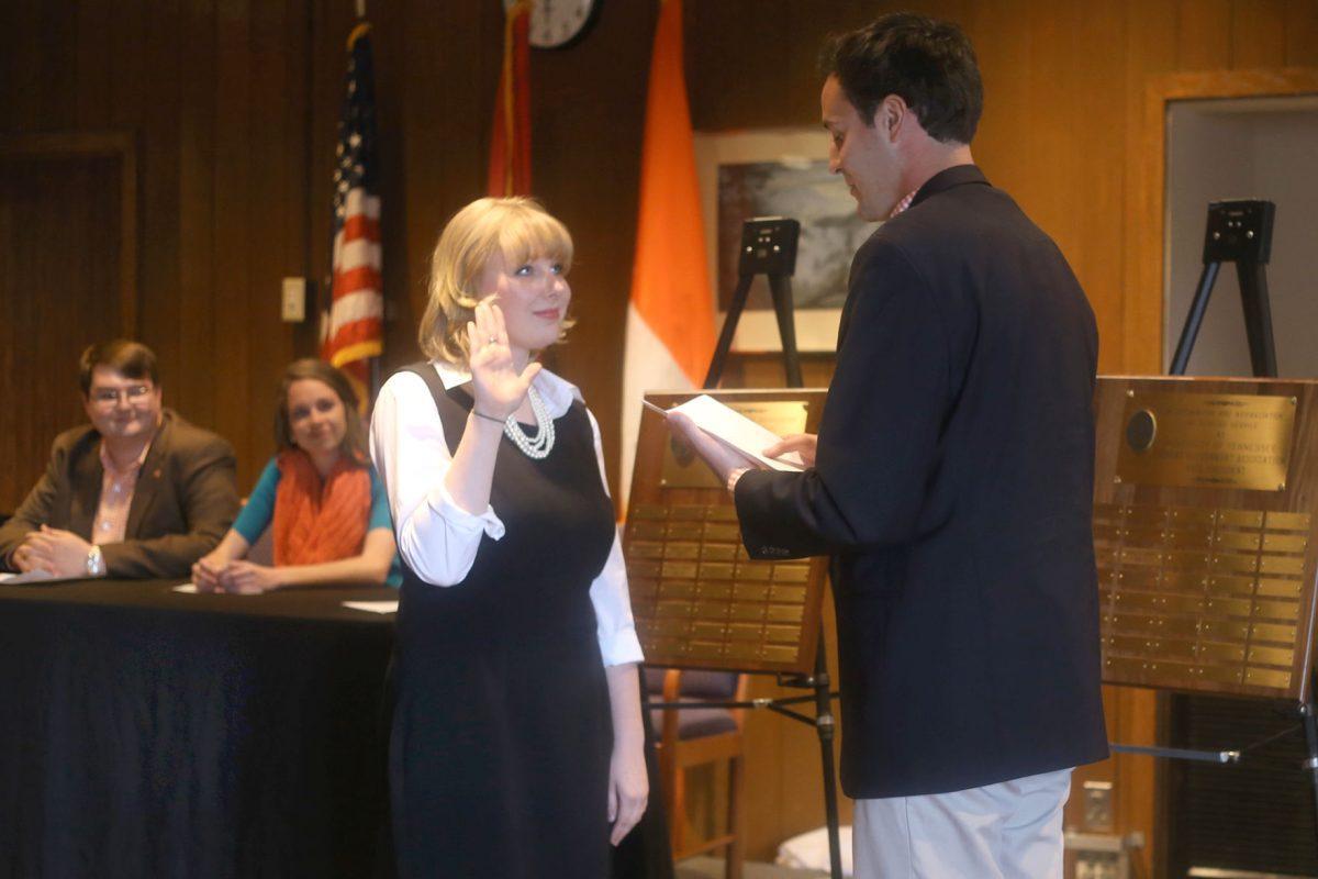 New SGA president, Kelsey Keny, was inducted by Jake Baker during the SGA transition ceremony in the Hermitage room on April 15, 2014. The other new SGA executive members were inducted by Keny.