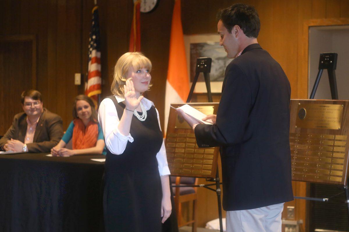 New SGA president, Kelsey Keny, was inducted by Jake Baker during the SGA transition ceremony in the Hermitage room on April 15, 2014. The other new SGA executive members were inducted by Keny.