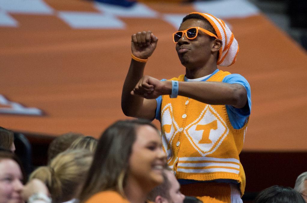 Ultimate Lady Vols fan Trennie Williams, a freshman in journalism and electronic media, cheers on the team during its game against the South Carolina Gamecocks at Thompson-Boling Arena on March 2.