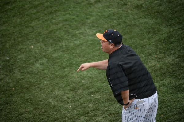 Tennessee head coach Dave Serrano argues a hit-by-pitch call in the ninth inning of the Vols' 7-6 loss to Alabama on Saturday at Lindsey Nelson Stadium.