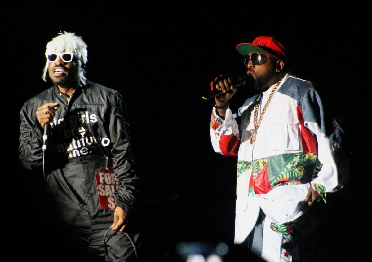 Rappers André "André 3000" Benjamin and Antwan "Big Boi" Patton from Outkast perform the finale show at the 2014 Hangout Music Festival.