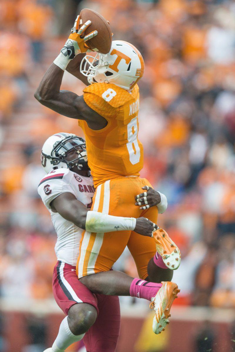 Marquez North snags a pass during the game on Oct. 18 against South Carolina Gamecocks.