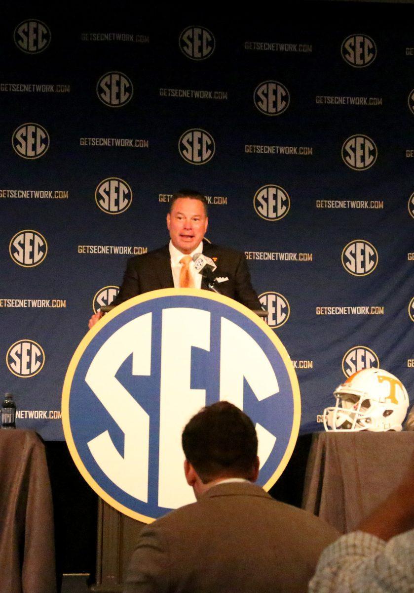 Tennessee head coach Butch Jones addresses the media at SEC Media days on Tuesday in Hoover, Ala.