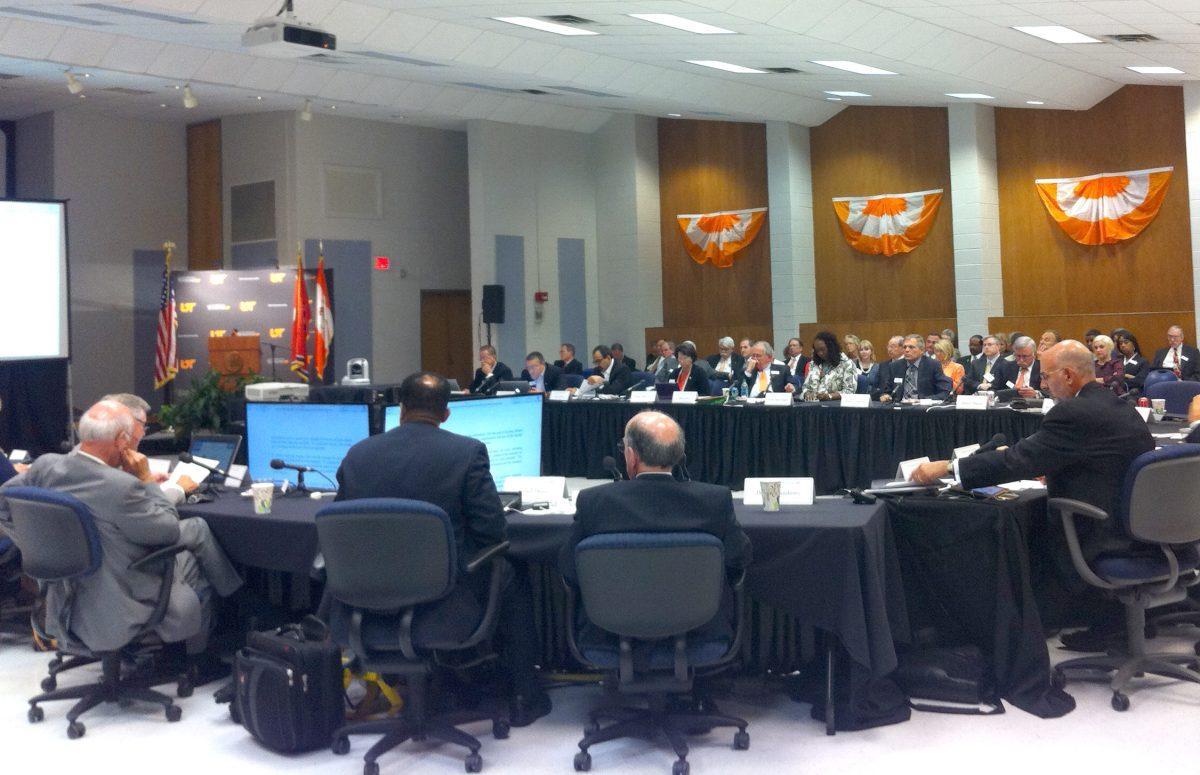 UT System President Joe DiPietro, bottom right, called for a coalition to lobby the state government for new educational funding at the annual Board of Trustees meeting June 19.