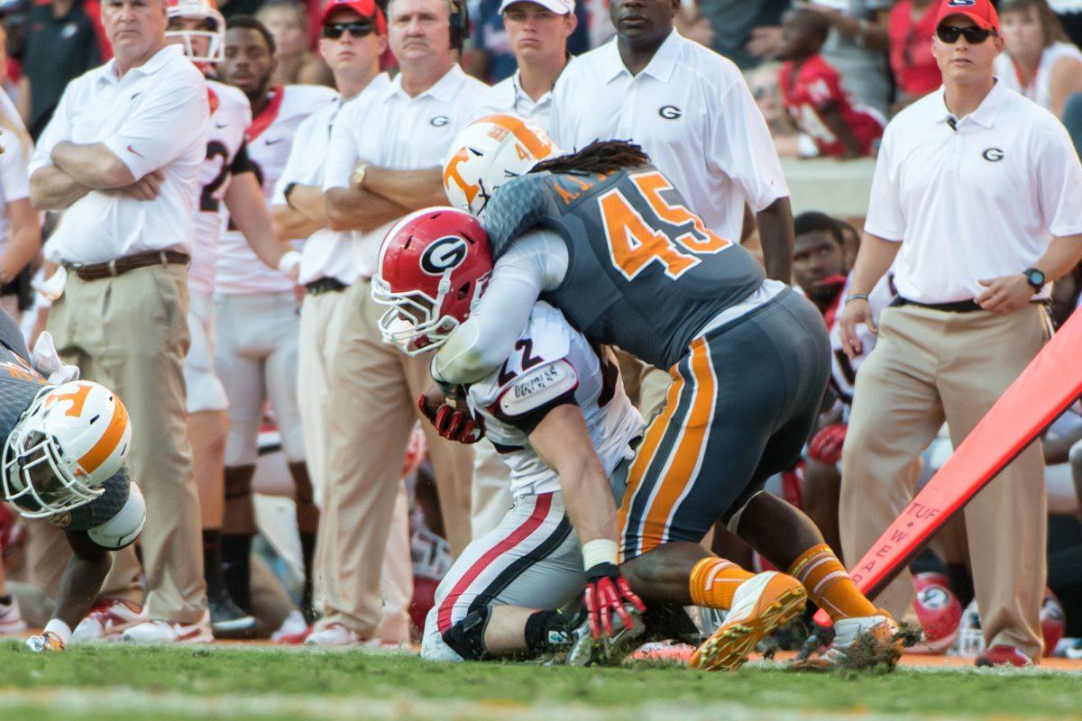 October 5, 2013: Linebacker A.J. Johnson #45 of the Tennessee Volunteers during the SEC home opener between the University of Georgia Bulldogs and the Tennessee Volunteers at Neyland Stadium in Knoxville, TN.