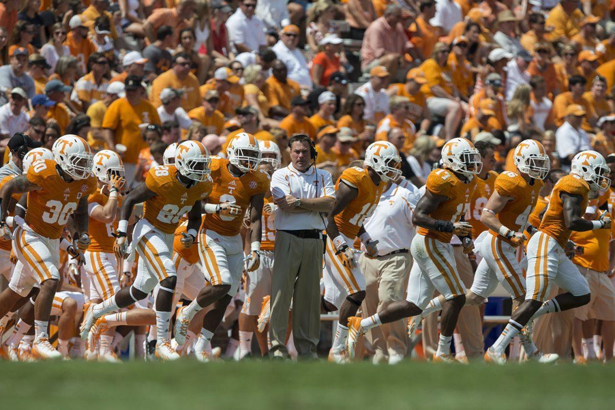 Head Coach Butch Jones during the season opener between the Western Kentucky University Hilltoppers and the Tennessee Volunteers at Neyland Stadium on September 7, 2013.