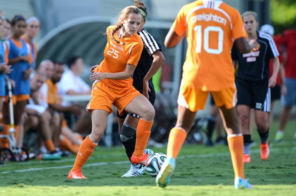 Freshman defender, Colleen Gawkins, dribbles the ball down the field in a game against the University of Louisville Cardinals at the Regal Soccer Stadium in Knoxville, Tennessee.