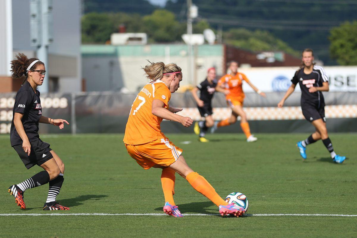 Hannah Wilkinson dribbles past opponents during the Lady Vol's game against Louisville Aug. 15