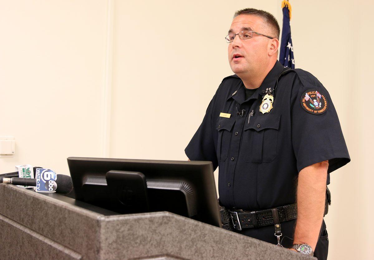 Chief of Police Troy Lane explains a recent sexual assault case at the press conference on Sept. 2.