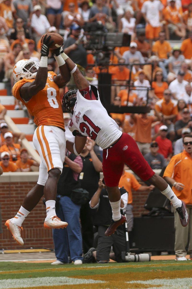 Sophomore wide receiver Marquez North jumps to catch his first touchdown of the day during Tennessee's 34-19 victory against Arkansas State on Sept. 6.