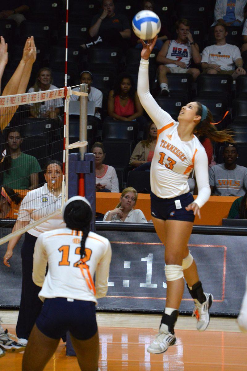 Freshman outside hitter Kanisha Jimenez attempts a spike during the Lady Vols' loss to Austin Peay on Sept. 18.