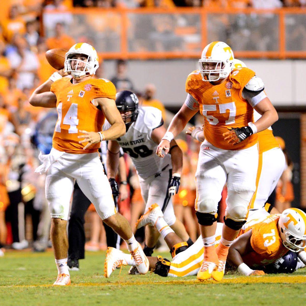 Senior quarterback Justin Worley prepares to throw a pass during the victory against Utah State on Aug. 31.