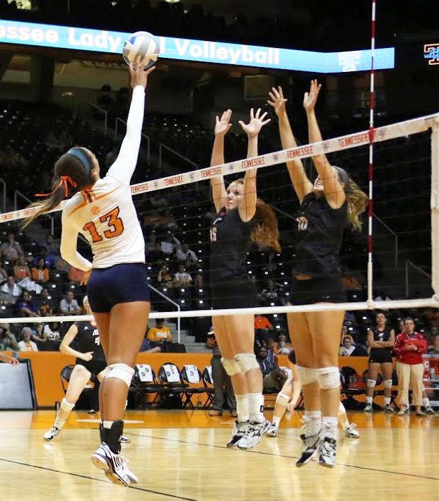 Freshman Kanisha Jimenez hit the ball over the net during the game against Austin Peay.